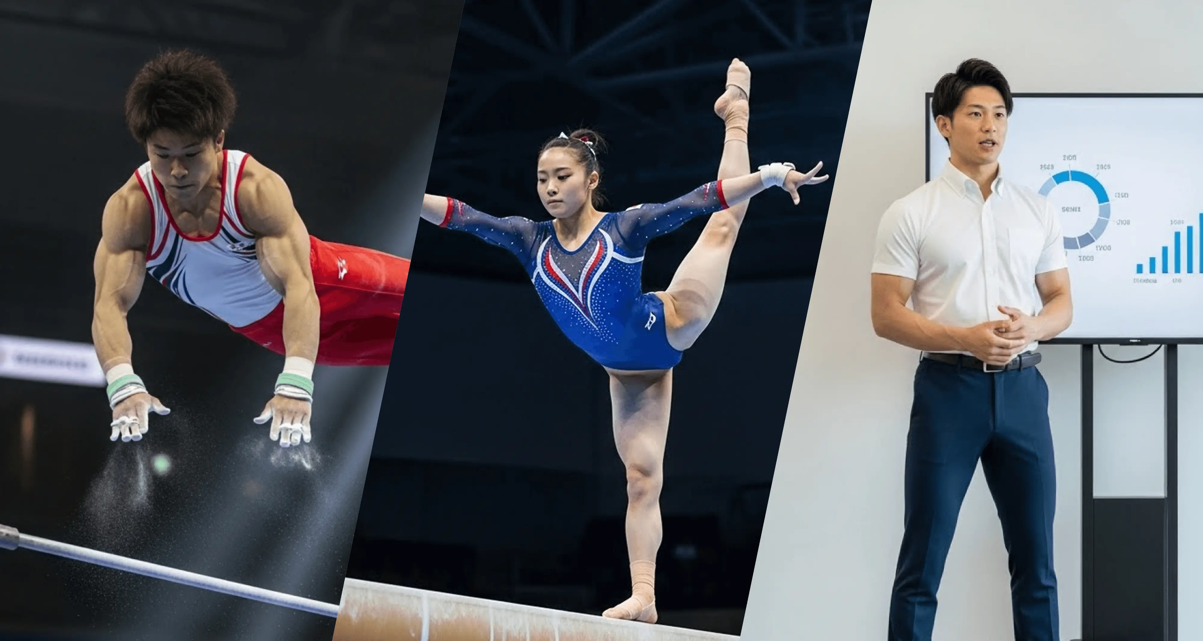 ハヤブサS.C. パートナー募集。体操選手が練習や競技に取り組む様子。体操界の常識を超え、新たな歴史を共に創るパートナー企業様を募集しています